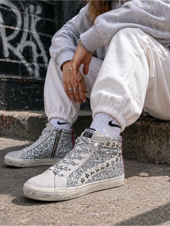 Vintage Havana Shoes - Vintage Havana Ray Silver Glitter Pink Stripe Star Stud High Top Sneakers 8.5